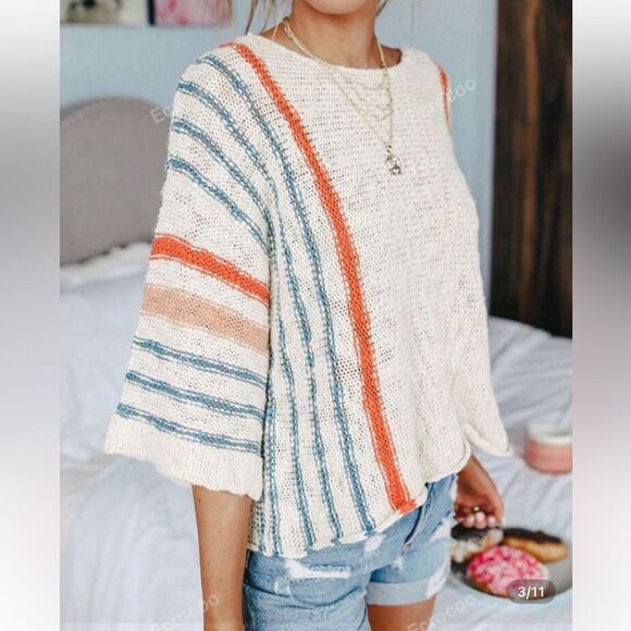 Women’s cream colored striped detail wide sleeve lightweight  sweater- NWOT - Picture 3 of 15